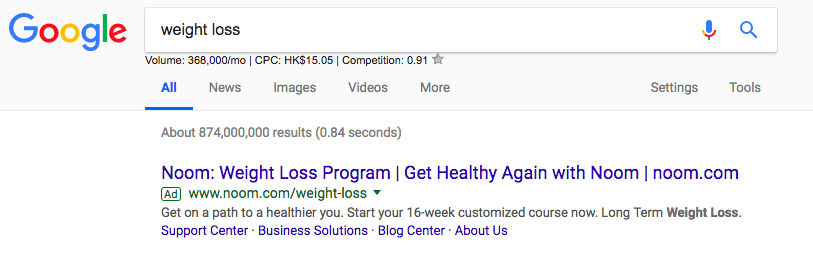 減肥Google搜索結果為seo